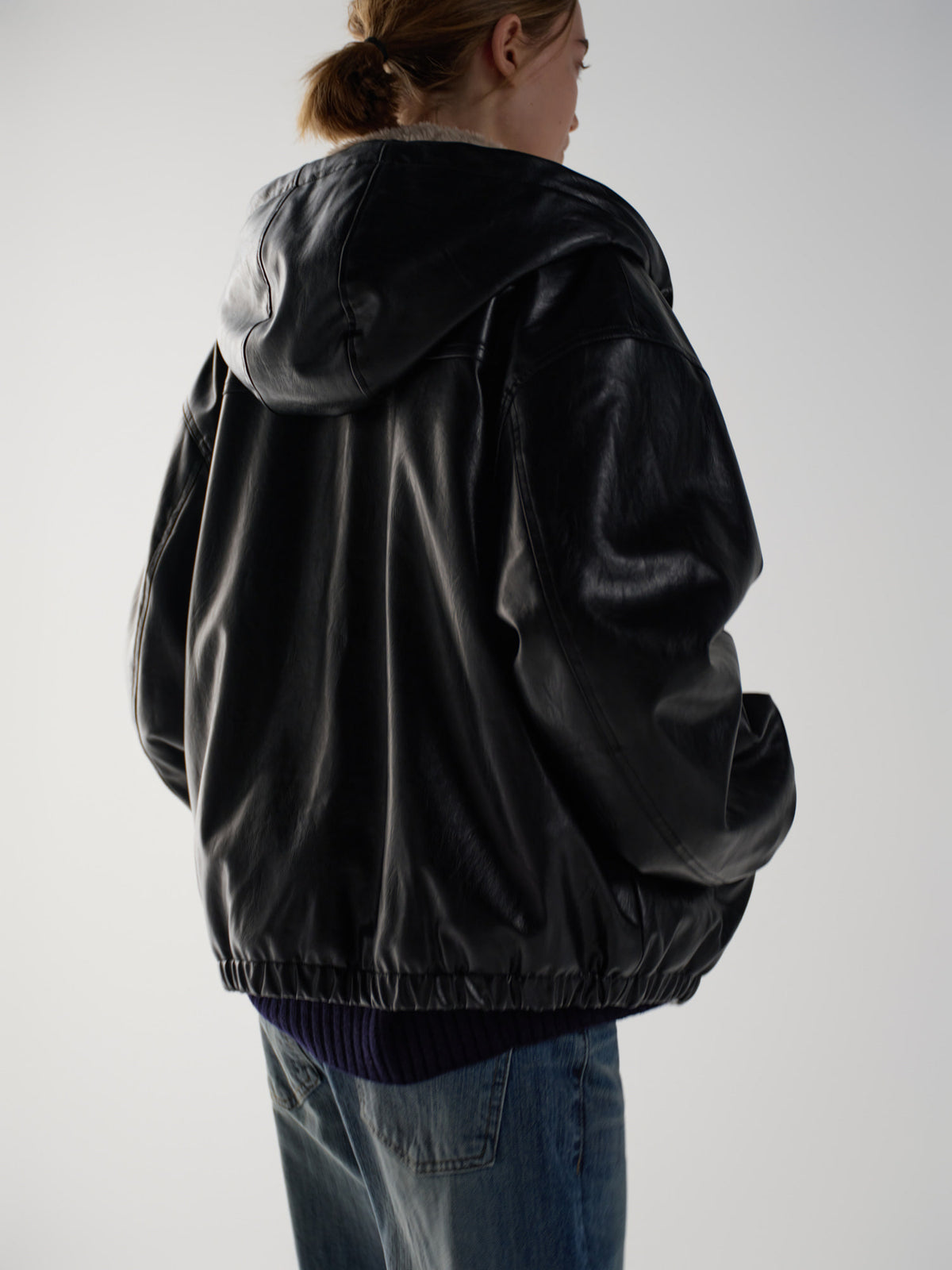 Leather Fur Zip Hoodie_black