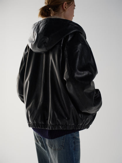 Leather Fur Zip Hoodie_black