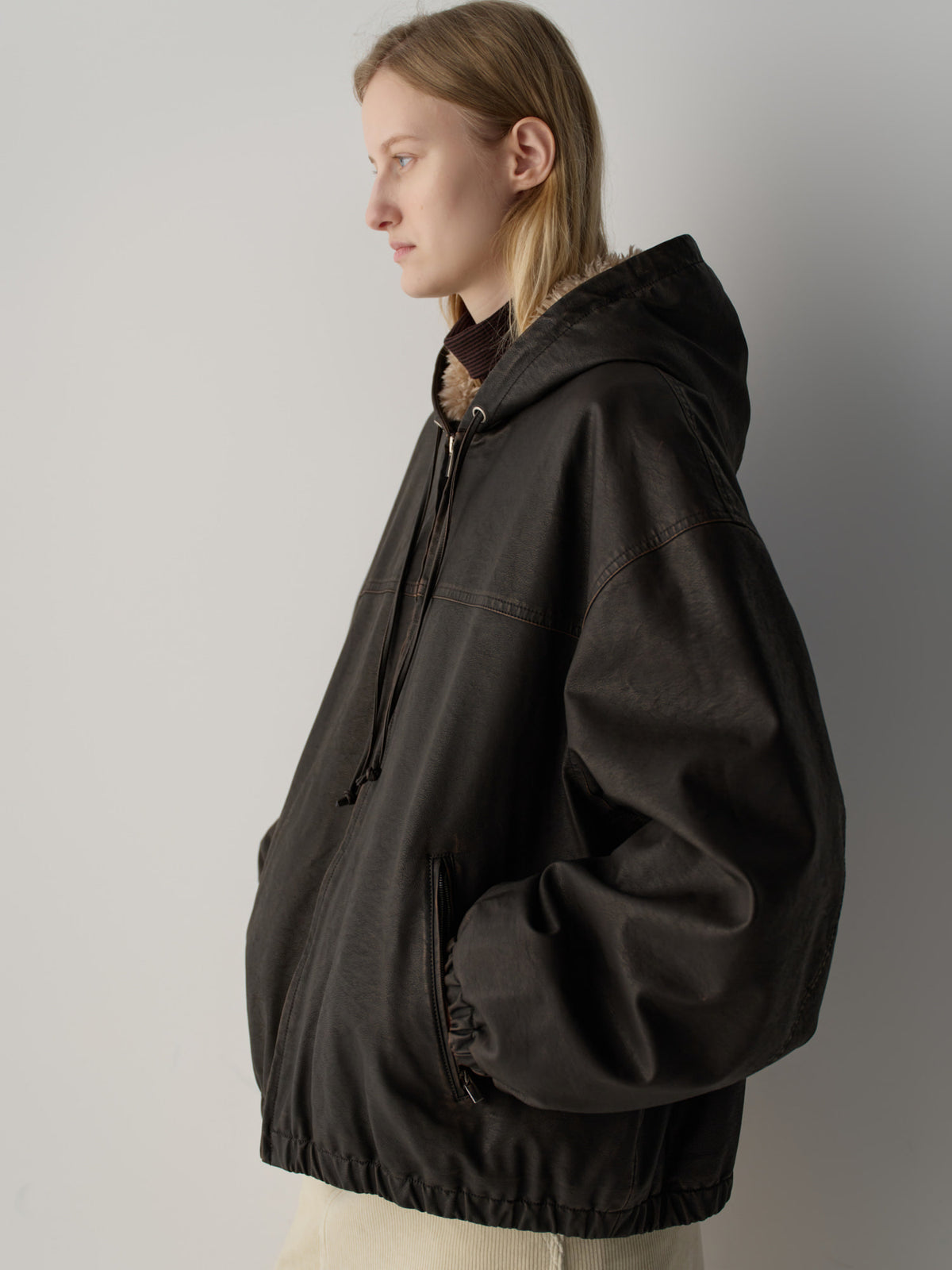 Leather Fur Zip Hoodie_dark brown