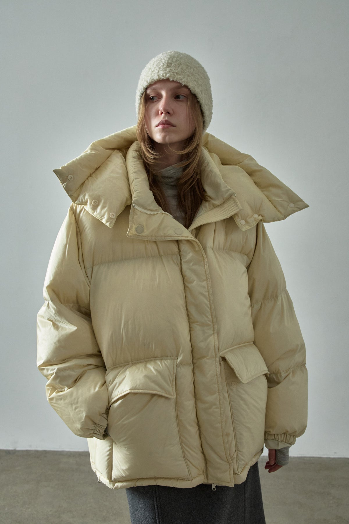 Goose Down Half Padded Coat_butter