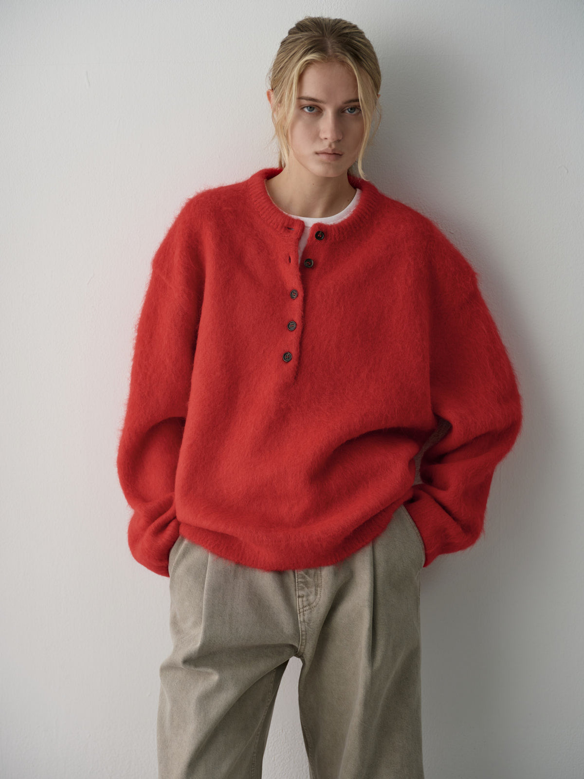 Alpaca Henley Neck Sweater_red