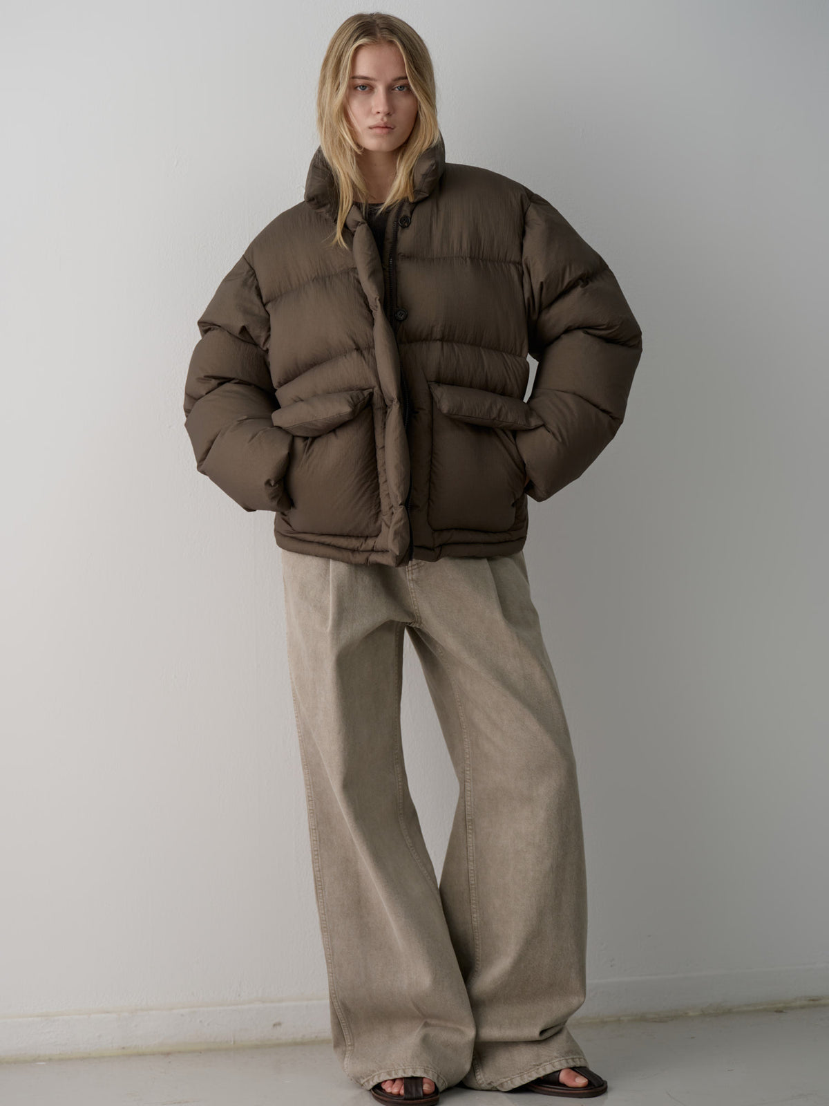 Goose down button puffer_brown