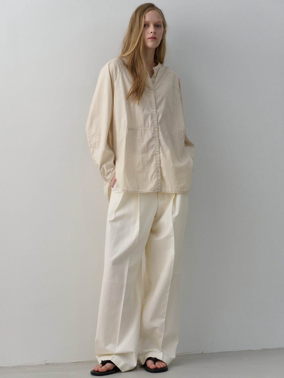 Cotton Band-Collar Blouse_beige