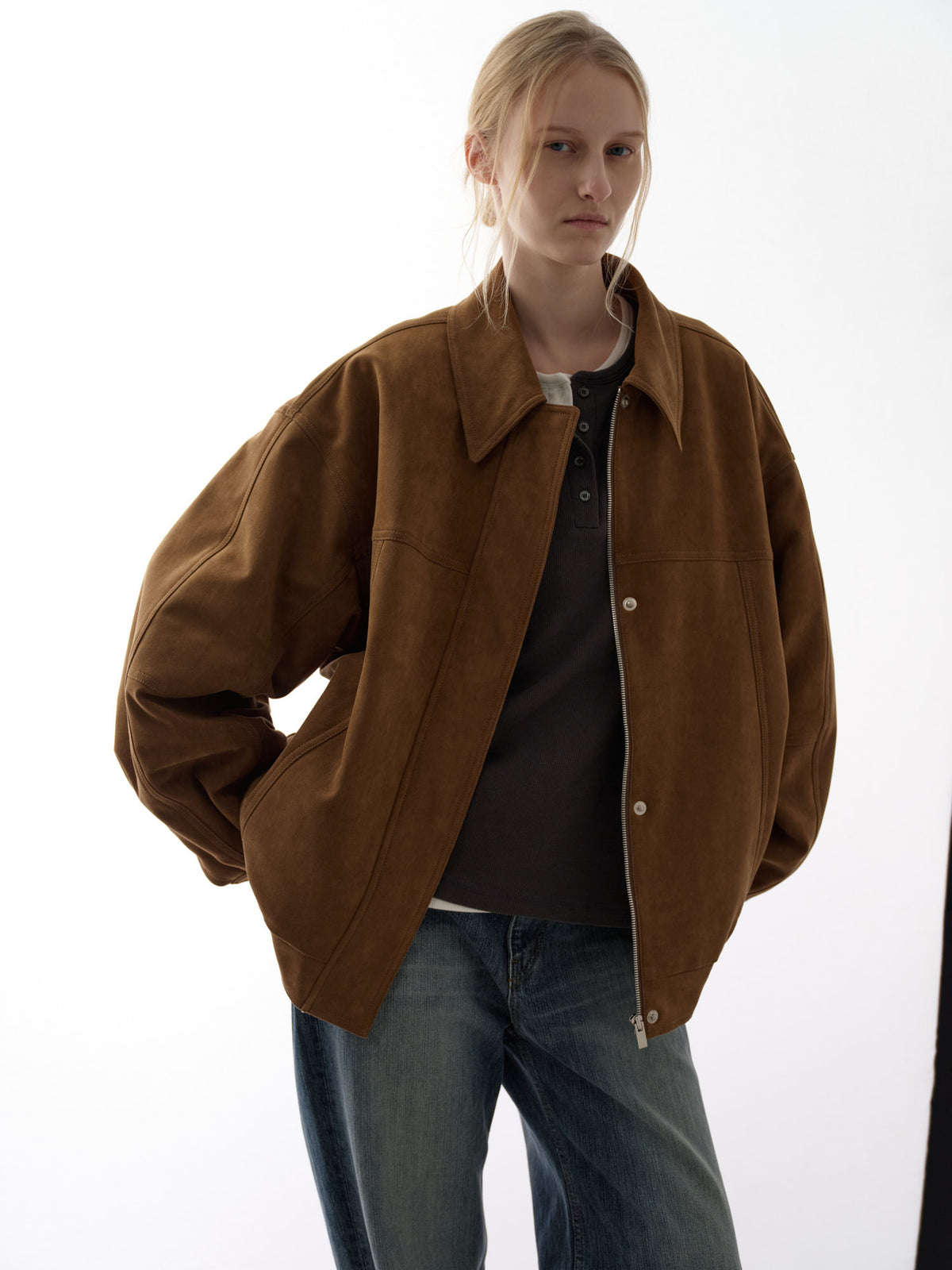 Oversized Fit Stitched Suede Blouson_camel