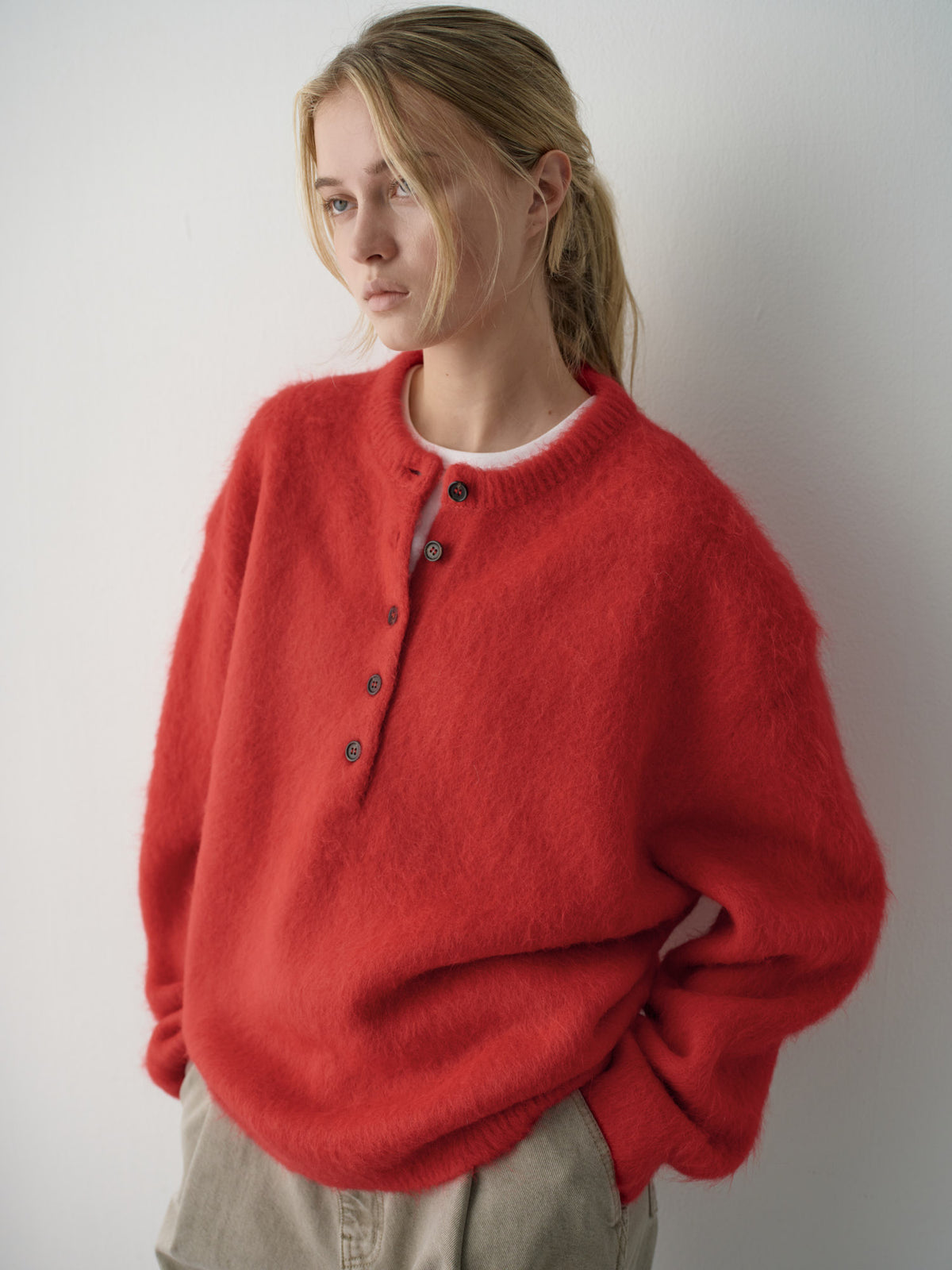 Alpaca Henley Neck Sweater_red