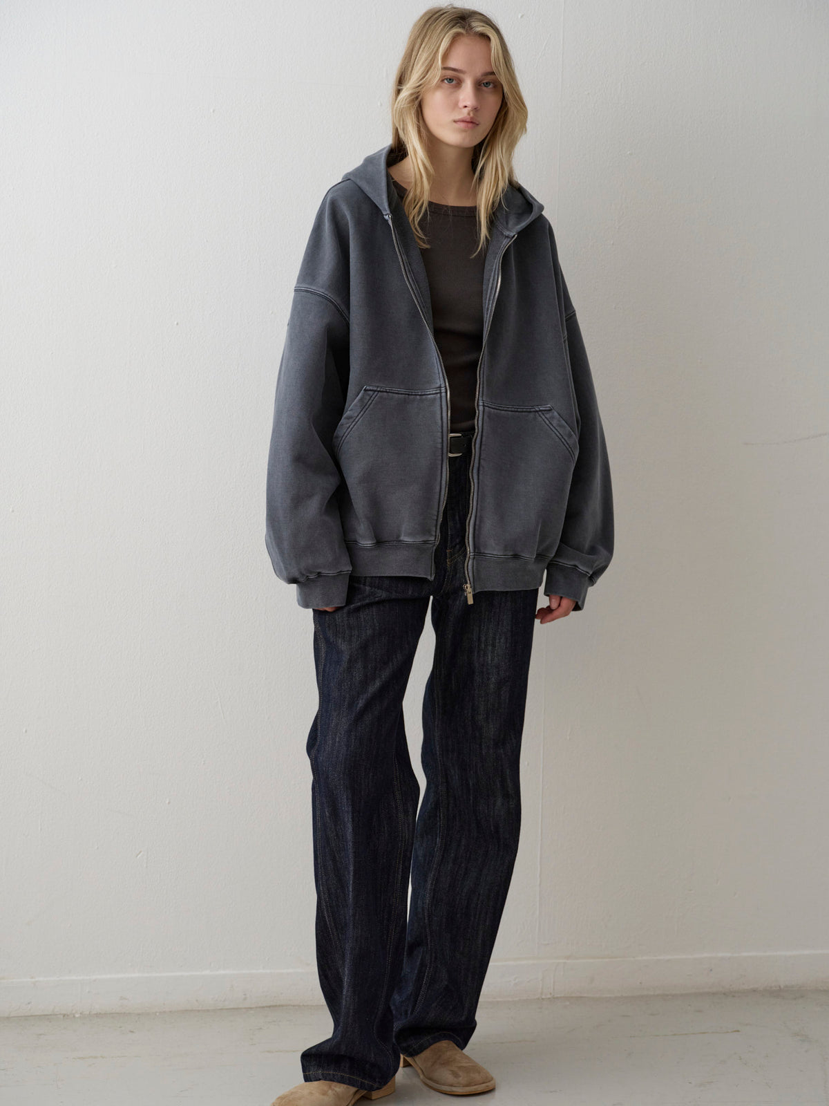 Oversized Fit Pigment Zip-Up Hoodie_blue grey