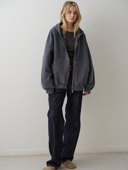 Oversized Fit Pigment Zip-Up Hoodie_blue grey
