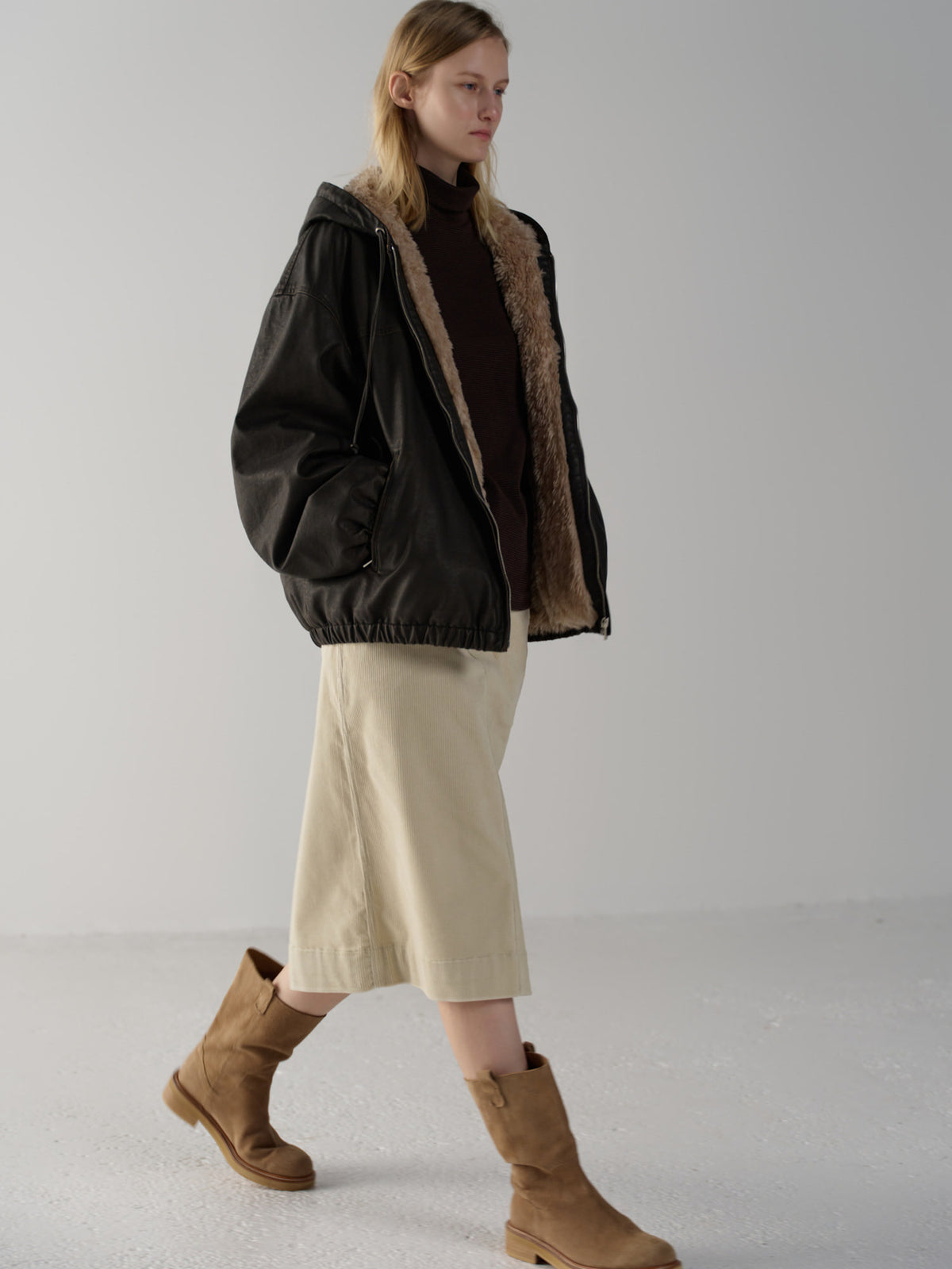 Leather Fur Zip Hoodie_dark brown