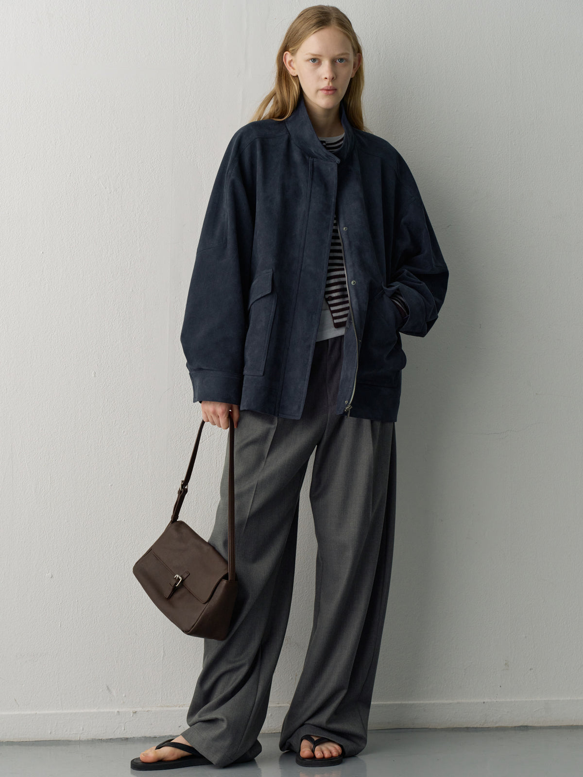 [11/25 Pre-order] High-Neck Suede Jacket_Navy
