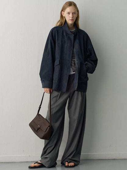 [11/25 Pre-order] High-Neck Suede Jacket_Navy