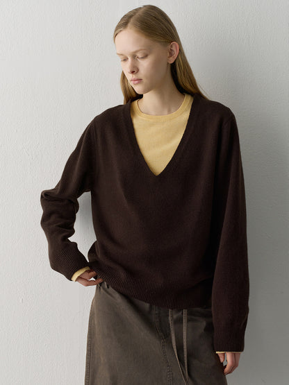 Cashmere Deep V-Neck Knit_dark brown