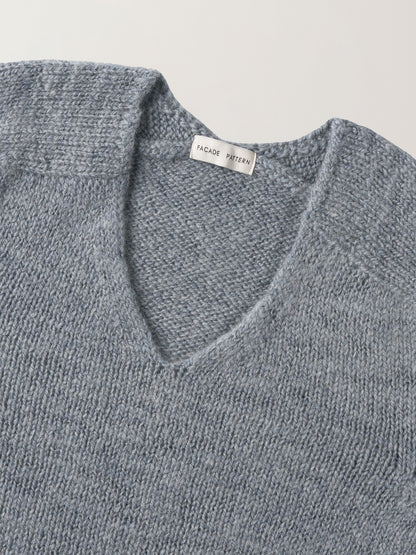 Textured V-neck Knit_grey blue