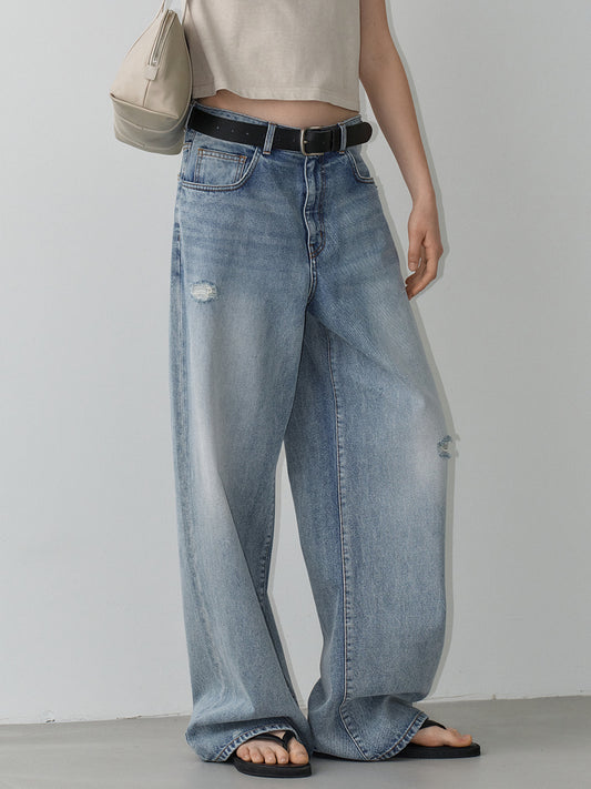 Distressed Wide Denim_faded wash