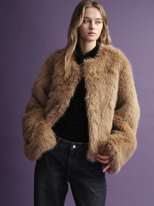 Hairy Fur Short Jacket_camel