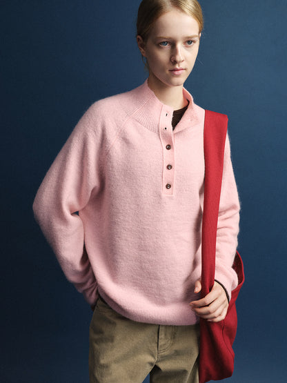 High-neck button knit_pink