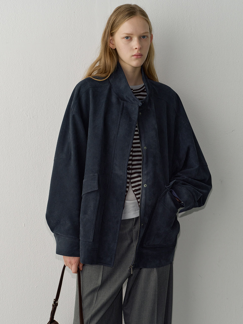 [11/25 Pre-order] High-Neck Suede Jacket_Navy