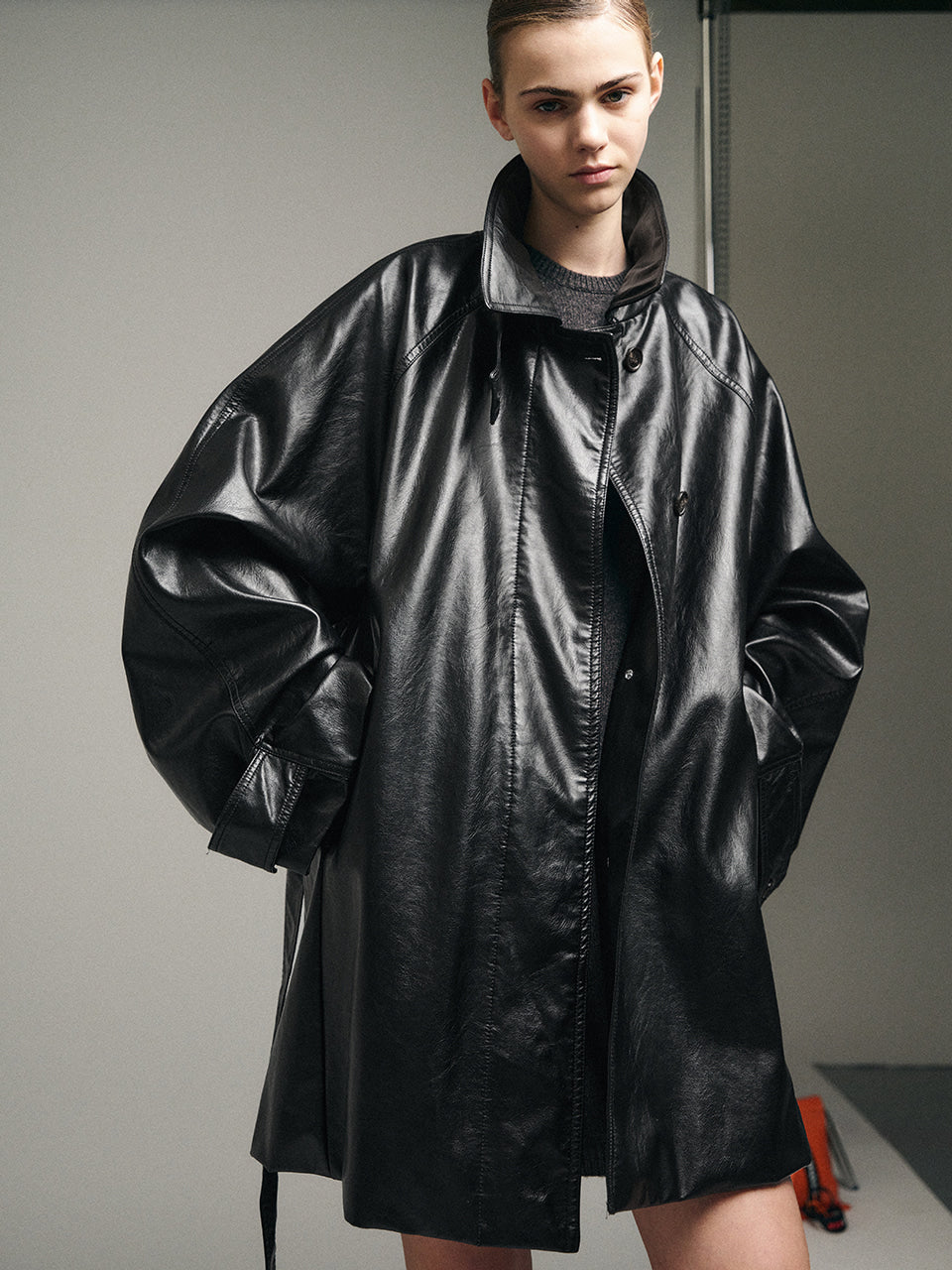 Leather Belted Half Coat_Black