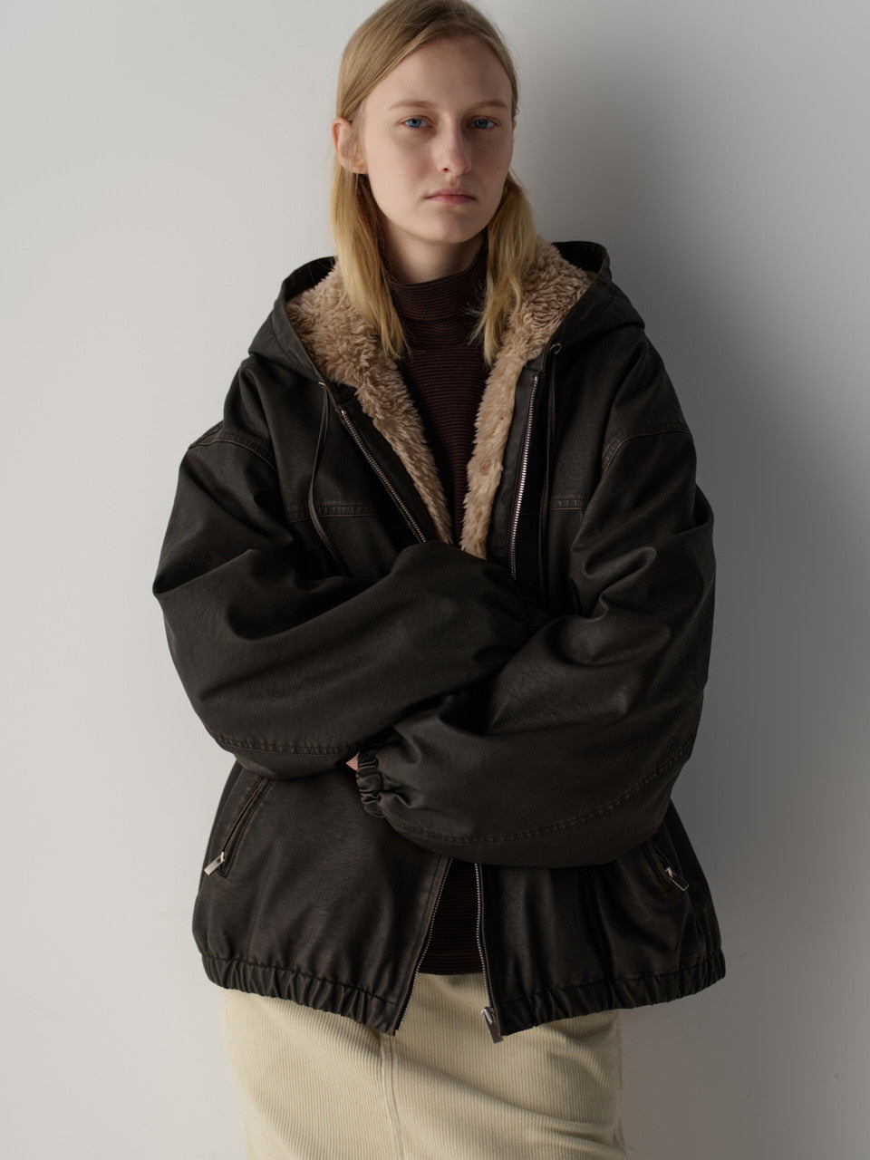 Leather Fur Zip Hoodie_dark brown