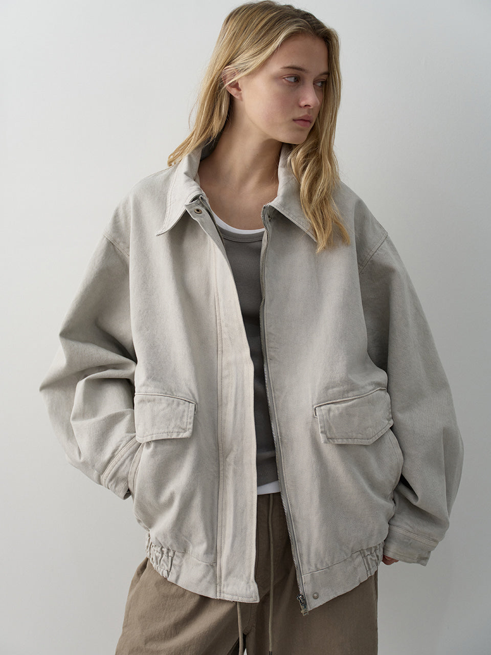 Oversized Fit Utility Cotton Blouson_sand grey