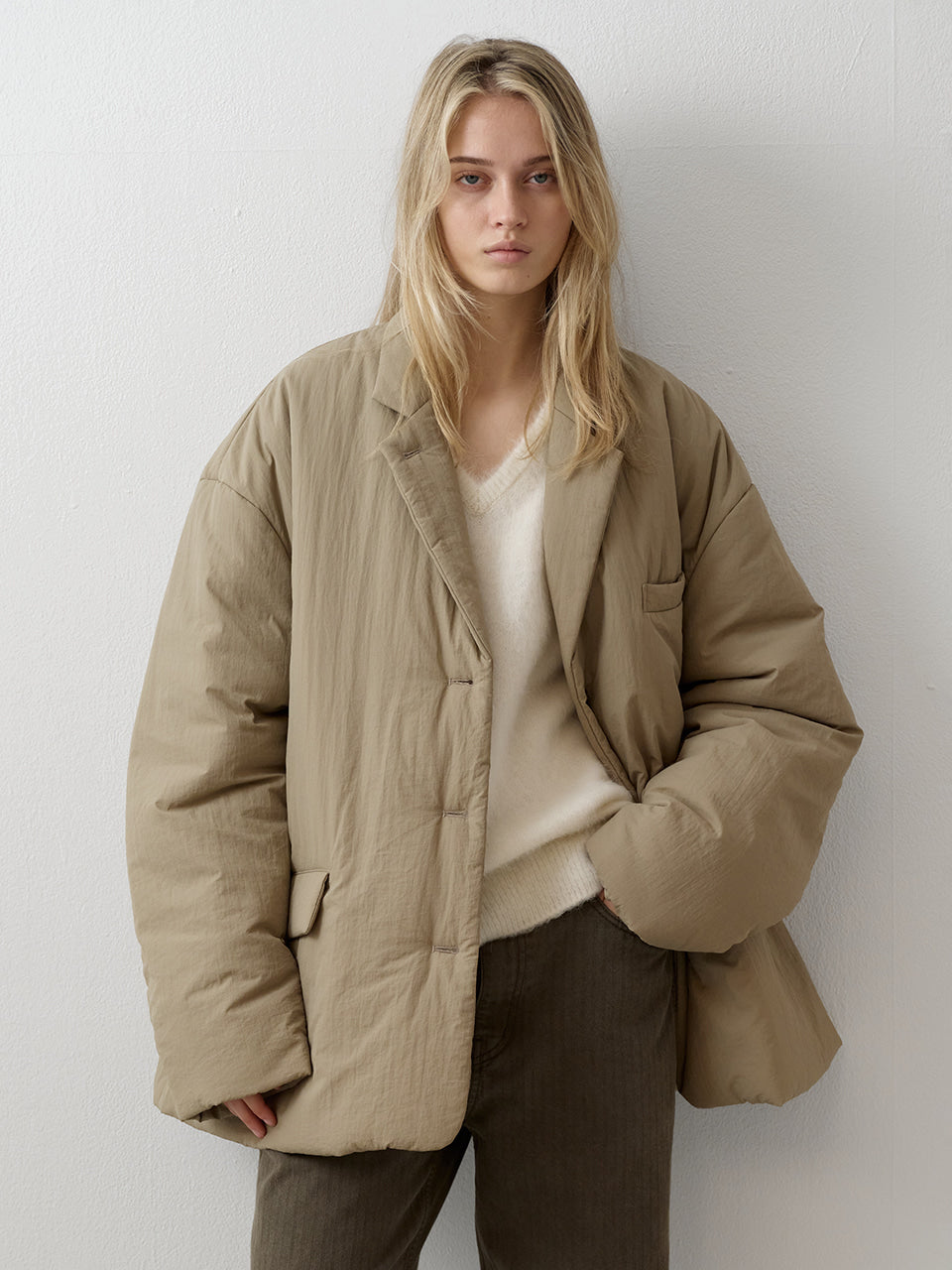Padded Curved-Sleeve Blazer_mocha