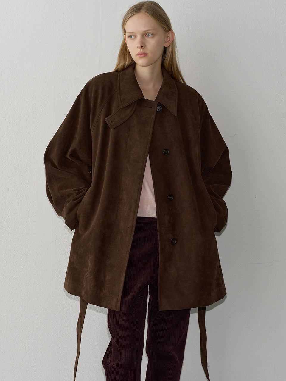 Suede Belted Half Coat_brown