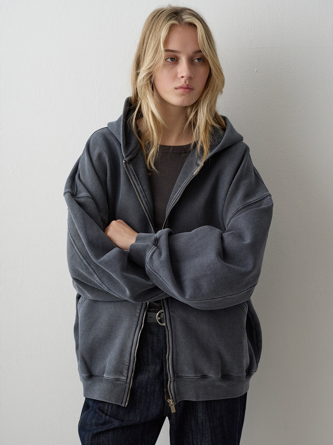 Oversized Fit Pigment Zip-Up Hoodie_blue grey