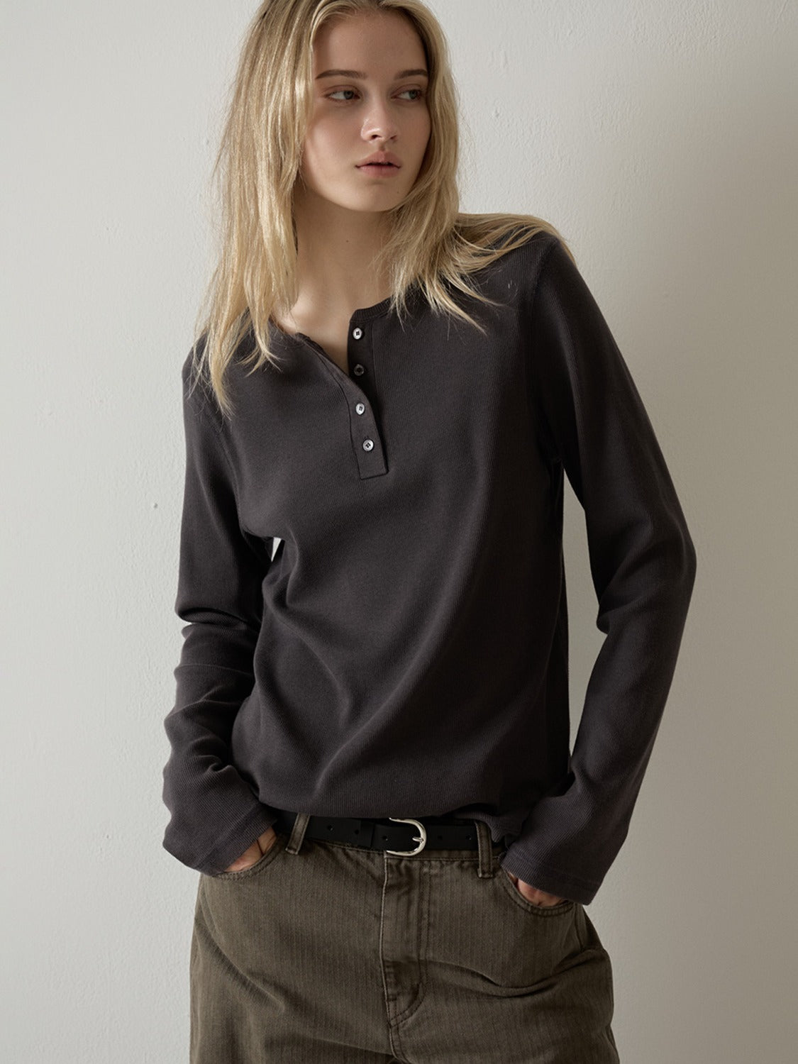 Henley Neck Washed Cotton Rib T-shirt_3 Colors